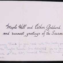 White card, preprinted text "Maple Hill and Esther Goddard send warmest greetings of the Season" personal handwritten text to Arthur C. Clarke