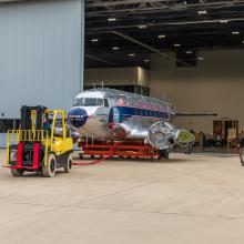 Douglas DC-3 is being moved out of the Udvar-Hazy Center. 