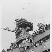 B-29 Superfortresses fly over the USS Missouri