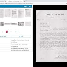 Screen capture of collection slideshow. Upper left corner shows thumbnails of multiple documents. Bottom left has metadata. Right side of screen is a larger version of an individual document.