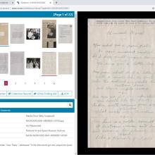 Screen capture of Smithsonian Online Virtual Archives slideshow page. Thumbnails of documents in upper left corner. Metadata and transcription in lower left corner. Larger document on right hand side.