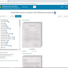 Screenshot of a collection record content view on the Smithsonian Online Virtual Archives. Menu bar on left, Collection information in center, several images of documents on right.