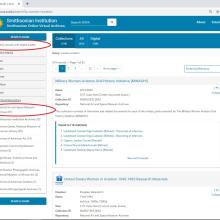 Screenshot of the search results on Smithsonian Online Virtual Archives. On left menu, "Only records with digital assets" is circled in red and "National Air and Space Museum" is circled in red.