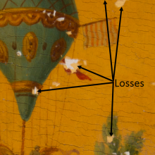 An image detailing the losses to the paint layer as indicated by the arrows.