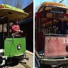 The author at the controls of two trolleys