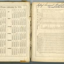 Two side-by-side pages of a book, of which the left page features a 1918 calendar headed as "Counting-House Calendar for 1918" and the right page has writing mentioning its purpose as a birthday book alongside the gifter of the book.