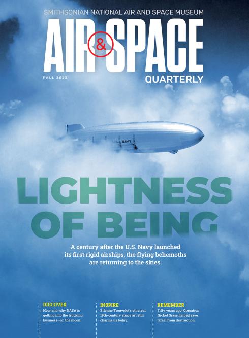 An airship flying through the clouds placed under "Air & Space Quarterly" and above "Lightness of Being" text.