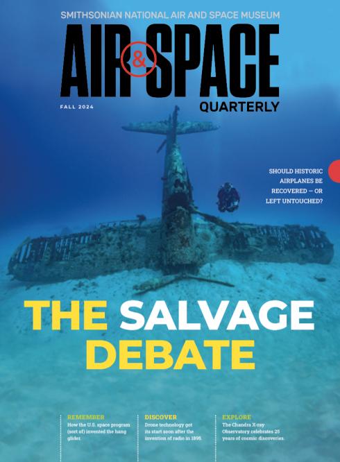 Magazine cover with a photo of a World War II-era Corsair fighter sitting on the bottom of lagoon, crashed propellar downwards, with its tail sticking upwards. A diver swims nearby in the dark blue water.