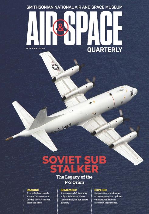 A white, four-propeller airplane with U.S. Navy markings and a distinctive pointy tail flies over the dark blue ocean. At the bottom of the magazine cover, in bold red letters, is a headline: Soviet Sub Stalker.