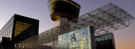 View of the Steven F. Udvar-Hazy Center tower at sunset