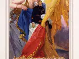 An illustration of a pilot, appearing to be dead or sleeping, being kissed by a larger than life woman that seems to represent France, help by a larger than life gold winged god. They are draping the pilot in the French flag. The caption is in French, but speaks to his tenacity, energy, courage, and spirit of sacrafice. 