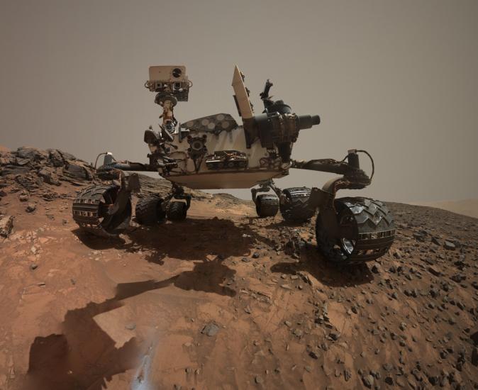 Self-portrait taken by Curiosity, a Mars rover, from multiple angles as Curiosity travels up a mountain of interest on Mars.