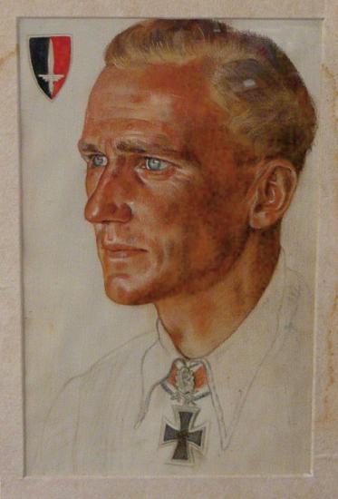 Painted portrait of Günter Rall, a white Luftwaffe pilot during World War II.