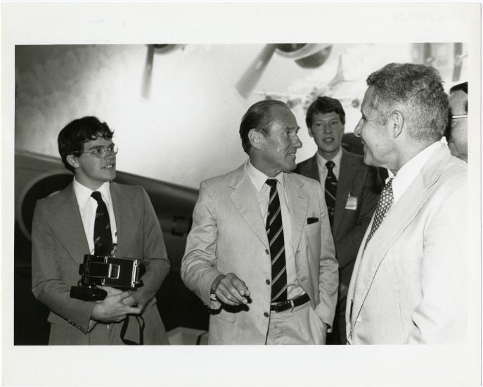 Gunter Rall, a white Luftwaffe pilot during World War II, stands among others during an appearance at the Museum for a lecture in 1996.