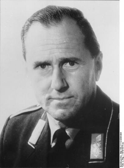 Portrait of Günter Rall, a white male Luftwaffe pilot, during the 1970s when he served as Luftwaffe's Inspector General.