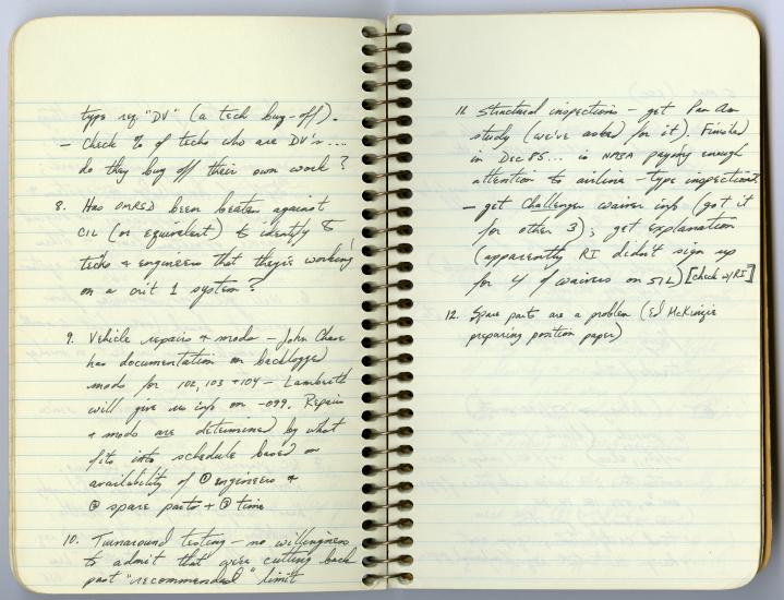 Two side-by-side pages of a notebook Sally Ride used to take notes during meetings following the Space Shuttle Challenger incident.