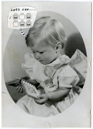 Portrait of Sally Ride as a young child. She is looking at a pocket book. The portrait features a thought bubble caption of technical notes.