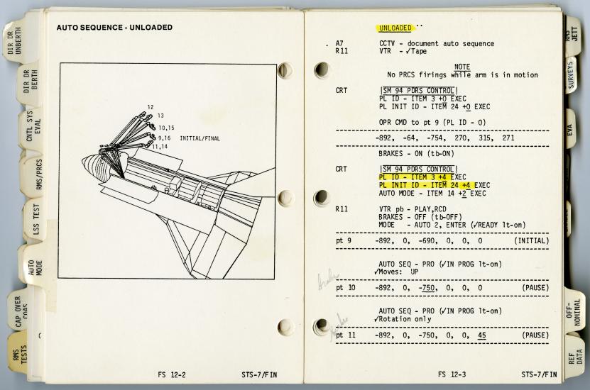 Set of two pages of a space manual owned by Sally Ride. The pages feature a drawing of the Space Shuttle Discovery with an arm-shaped device on board, with the other page featuring checklist items and handwritten notes from Sally Ride.