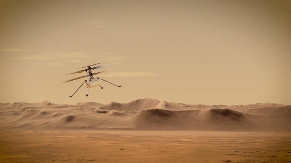 A small helicopter flying over Mars.