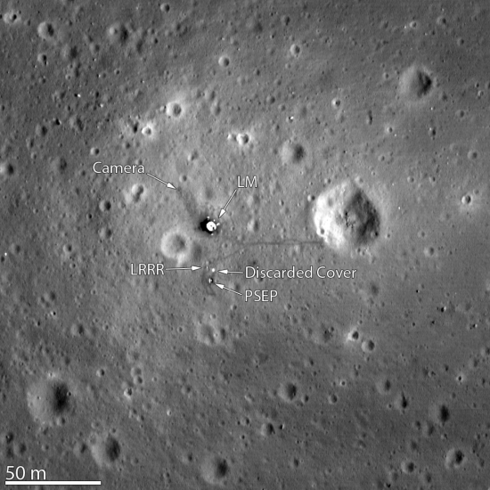 An image of the Apollo 11 landing site with the camera and lunar module location denoted.