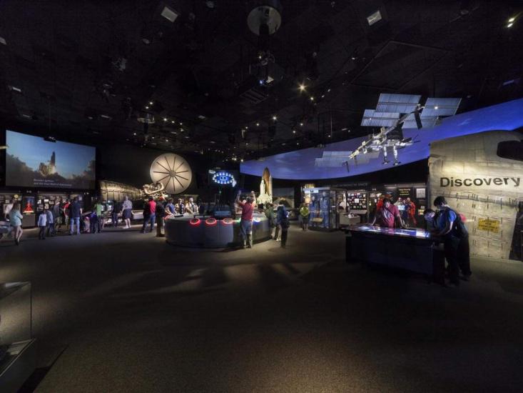 A gallery in the National Air and Space Museum with a live shuttle launch taking place.