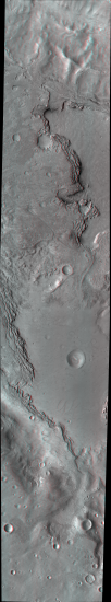 Anaglyph (3D image) of fractured crater fill in Mars’ northwestern Arabia Terra, grey rough surface.