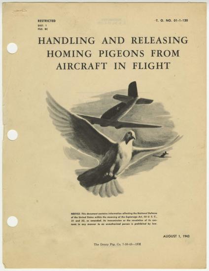 The cover of a manual entitled "Handling and Releasing Homing Pigeons from Aircraft"