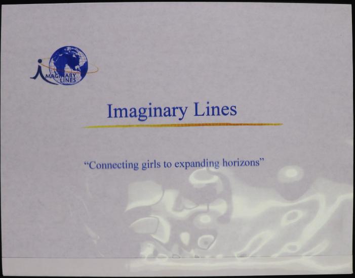 Page from slideshow. Upper left hand corner, logo with cursive letter I to the left of a blue globe with gold equator text "maginary lines" inside globe. Centered blue text "imaginary lines"