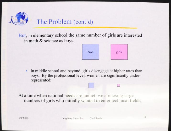 Page from slideshow. Upper left hand corner, logo with cursive letter I to the left of a blue globe with gold equator text "maginary lines" inside globe. Header text in blue reads: "The Problem." Text in black, including a blue box for "boys" and a pink box for "girls"