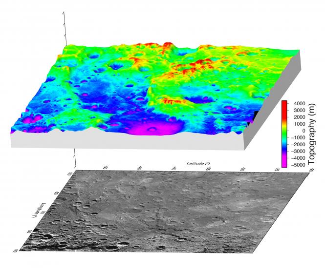 A three-dimensional model showing the elevations of a section of Mercury is shown above a satellite view of the same area of Mercury.