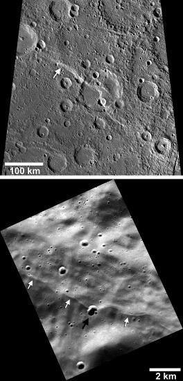 Two perspectives of fault scarps, or lines carved into the crust, on Mercury that are much larger than normal sized scarps on the planet. White arrows point out the scarps in both perspectives.