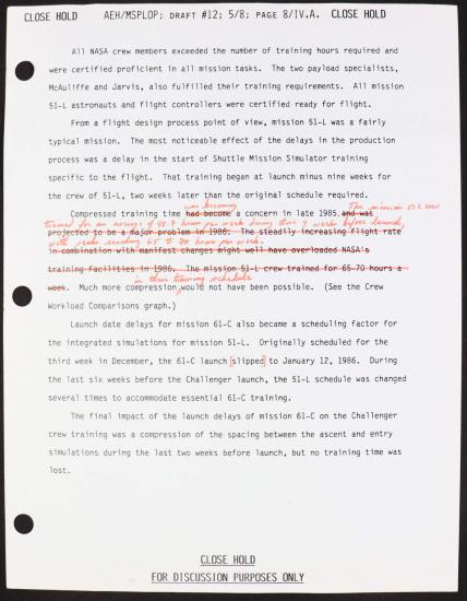 A typewritten page with red handwriting and strikethroughs. 