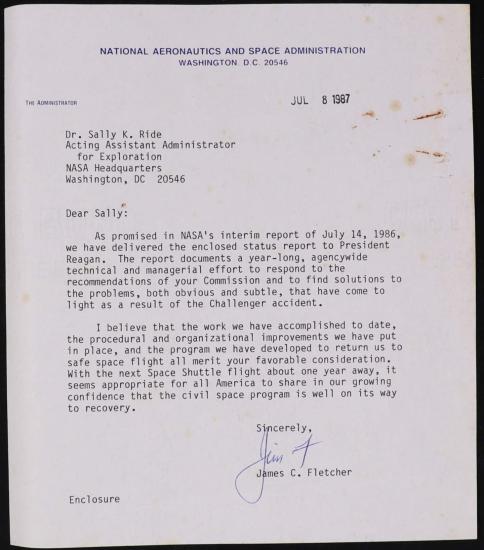 A typerwritten letter to Sally Ride on NASA letterhead. The letter is dated July 8, 1987.