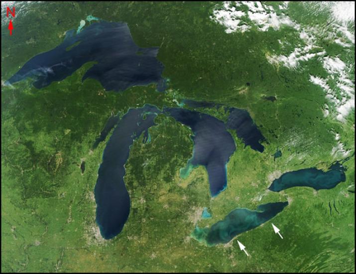 Satellite image of the Great Lakes in the United States. An arrow points to the southernmost lake.