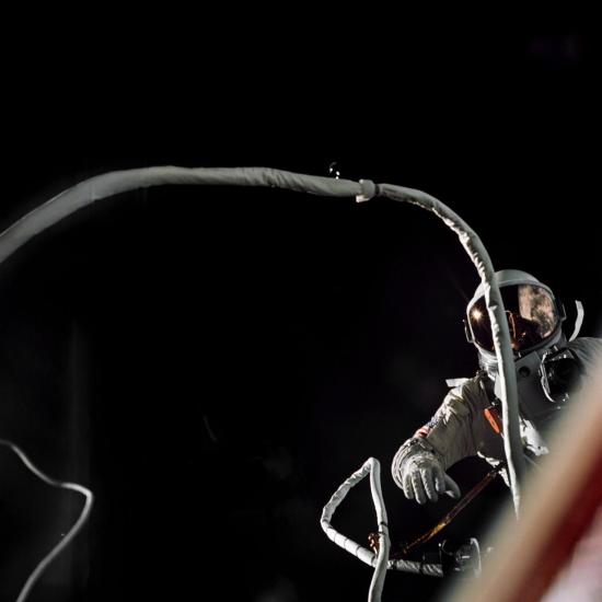 Eugene Cernan is pictured here outside of the Gemini IX-A spacecraft during his extravehicular activity (EVA)