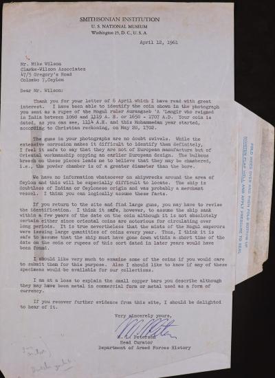 Typed letter on Smithsonian Institution letterhead with tab for folding over on right side of paper.