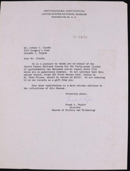 Typewritten letter on Smithsonian Institution letterhead, stamped date, signature in blue ink