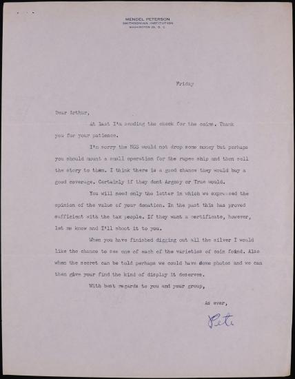 Typewritten letter on “Mendel Peterson” letterhead, signature “Pete” in blue