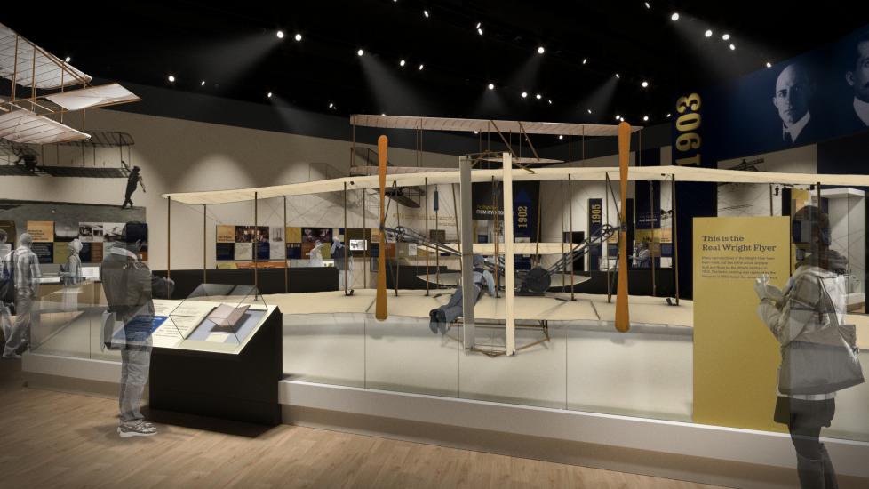 Rendering of a gallery with an older monoplane known as the Wright Flyer.