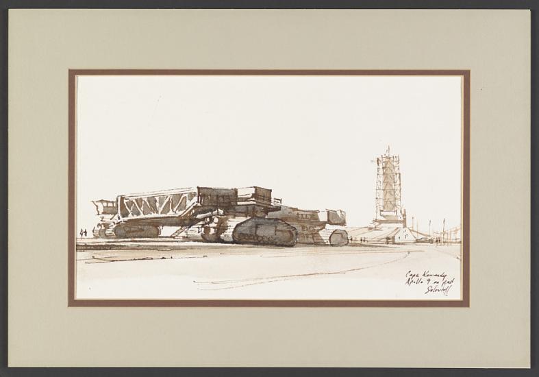 A drawing of Apollo 9 on the launch pad. The lower half of the scene is filled with a horizontal composition that includes the transporter in the foreground on the left and a gantry in the distance on the right. There are simplified figures of people in the drawing. 