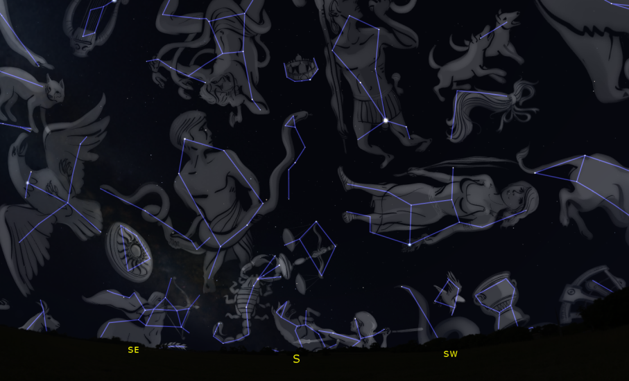 A map showing constellations in the night sky. 