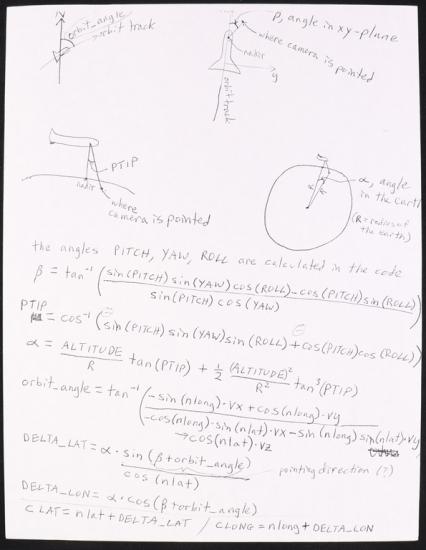 Page of handwritten notes with four drawings at top of page. Upper left: north axis with Space Shuttle angled to right. Upper right: north axis with Space shuttle straight along axis. Bottom left: space shuttle orbits over a line representing earth. Bottom right: space shuttle angles over a circle representing earth.  Bottom of page is mathematical equations.