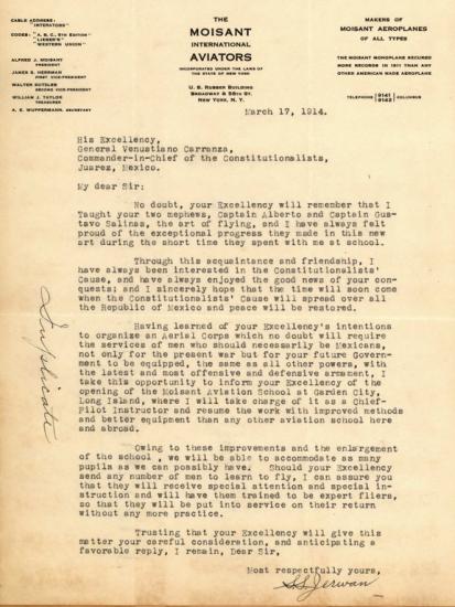 Typewritten letter on letterhead.  A column of text on each of the right and left upper corners.  Center text is "The Moisant International Aviators."  Signature at bottom of page. Handwritten note on bottom left reads: "copy"