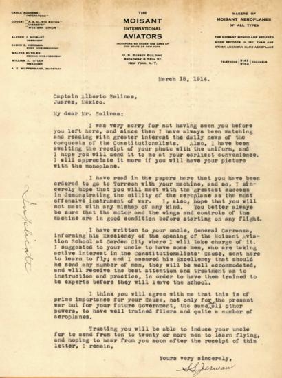 Typewritten letter on letterhead.  A column of text on each of the right and left upper corners.  Center text is "The Moisant International Aviators."  Signature at bottom of page. Handwritten note turned sideways on left side reads "duplicate"