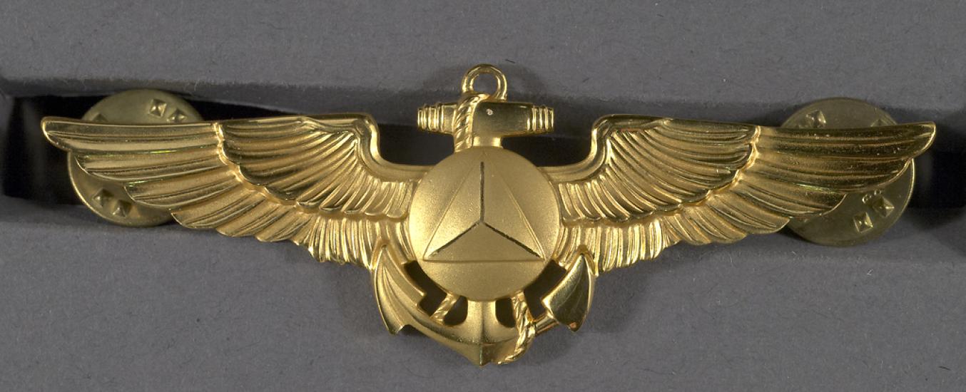 National Oceanic and Atmospheric Administration (NOAA) pilot's badge; one piece stamped gold wings with anchor and NOAA insignia (equilateral triangle on center disc) depicted in center of badge; clutch pin back.