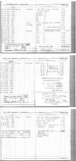 A flight logbook spanning three pages with handwritten details.