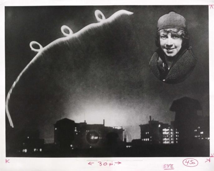 An image of an illuminated curly flight path on the left with a picture of Ruth Law on the right.