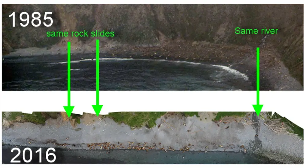 A comparison of a riverside from 1985 to 2016.
