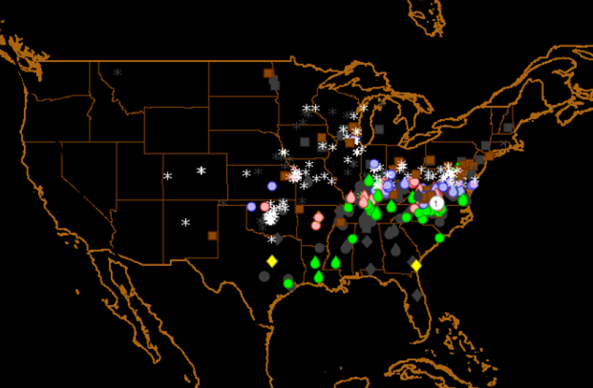 A map of the United States with different colored weather icons across most regions of the country.