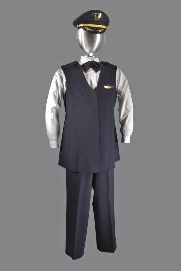 A photograph of a United Airlines' maternity uniform on a mannequin. 